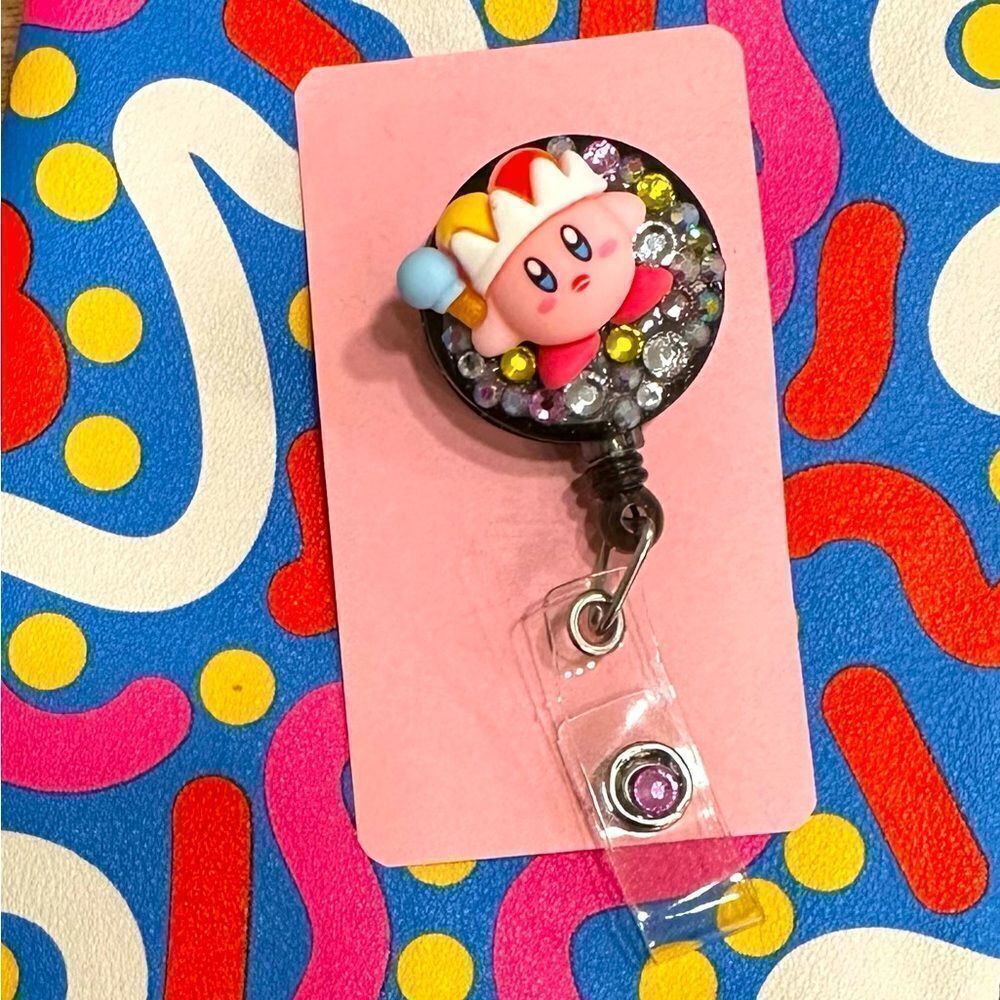 Kirby Jester Pink & Rhinestone Clip On Badge Reel